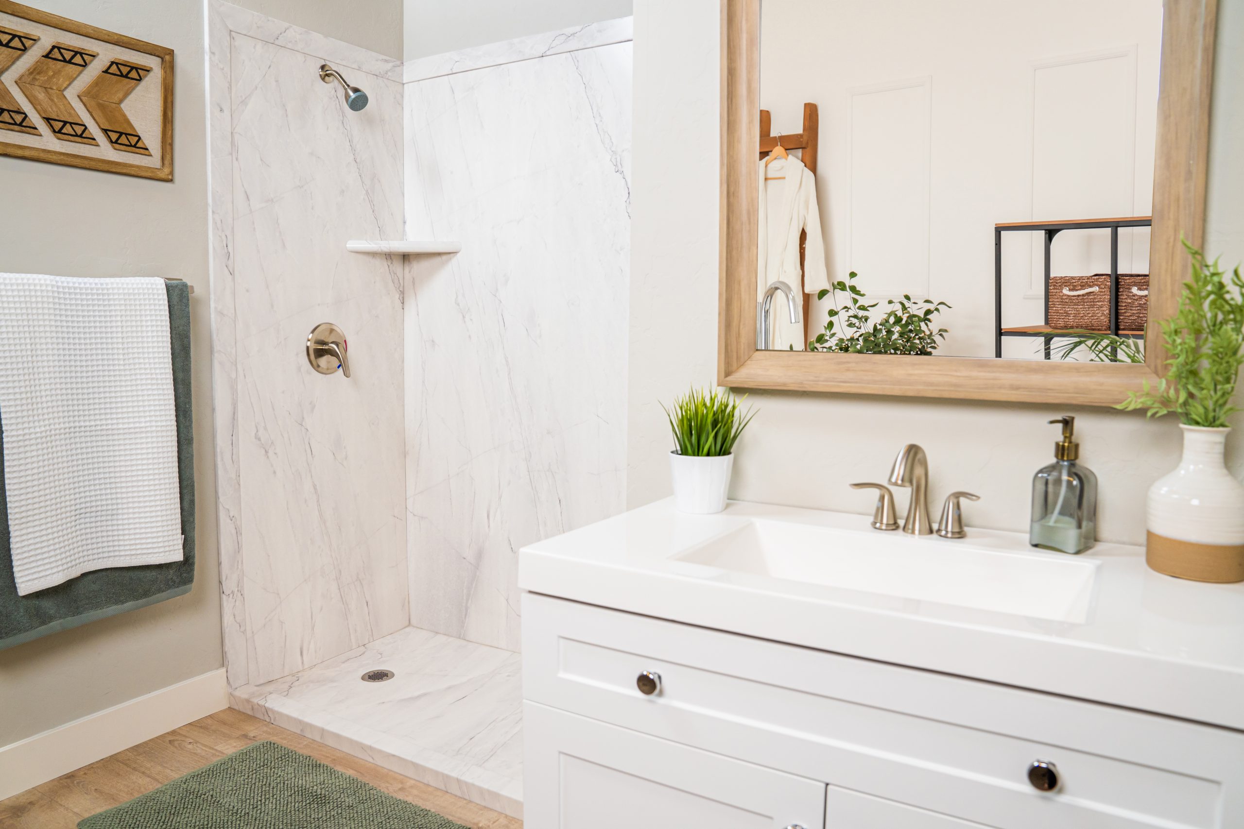 shower and vanity with mirror